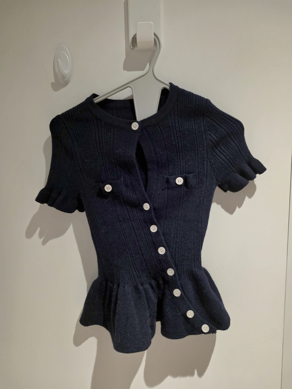 Navy Ruffle-Hem Ribbed Short-Sleeve Top - Picture 3 of 5